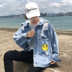 Hitz Korean BF loose short sleeves all-match wind students embroidery hole denim jacket female tide S Wathet