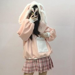 Autumn and winter women's new 2017 Korean students loose hooded rabbit ears with cashmere sweater coat thick cute F Pink