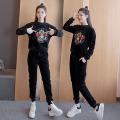 Velvet suit 2017 new female fashion sportswear two piece cashmere sweater with Korean winter leisure. S Black children with cashmere