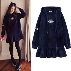 2017 Korean winter hooded long paragraph flounce hoodies women cashmere Hoodie dress with thick loose XXL145-160 Jin Cashmere in blue