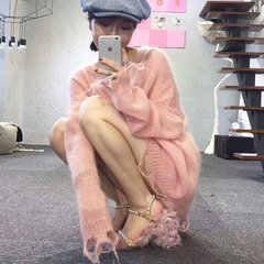 2017 thin mohair sweaters autumn Korean female loose lazy V collar sweater coat color head S Pink