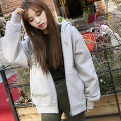 Cashmere sweater with Korean female student Zip Hooded cardigan coat and long sleeved sweater all-match loose women movement S Gray no hair thin money