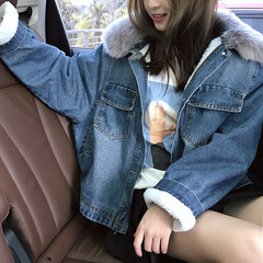 The autumn and winter of kumayes removable fur collar cardigan thickened loose denim jacket imitation fur lined jacket lamb F black