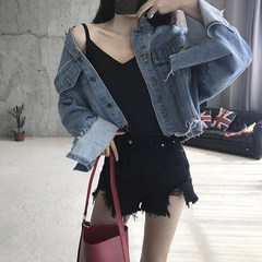 Hitz retro Hong Kong flavor chic fashion collar short sleeved loose burrs all-match female denim jacket F Jeans Blue