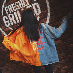 Female students relaxed denim jacket wear on both sides. Candy color stitching color BF cowboy jacket tide Harajuku M spot The latest embroidery version of color, contact customer service Oh!