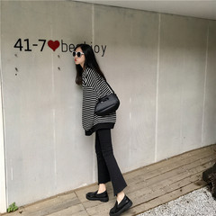 Retro Hong Kong flavor BF code Pinstripe loose loose wind in the long winter long sleeved Pullover Sweater Girl F Black and white stripes