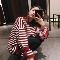 Small tomato in autumn and winter custom irregular knot split sleeve red striped Pullover Sweater all-match loose woman S Picture color