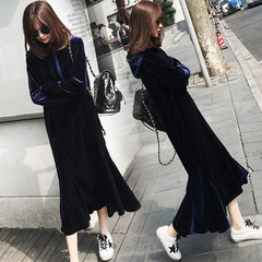 2017 spring and Autumn New Korean long paragraph knee thin backing hooded straight fishtail skirt flounce sweater S Tibet Navy
