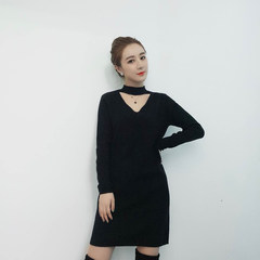 Weiya viya custom Halter Neck Long Sleeve Knit Sweater Dress SS004140 hollow S black
