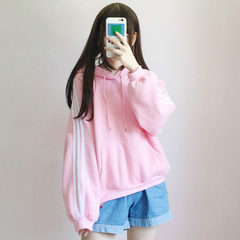 Korean winter women's Harajuku ulzzang long sleeved sweater with cashmere loose hooded jacket student BF tide F Pink