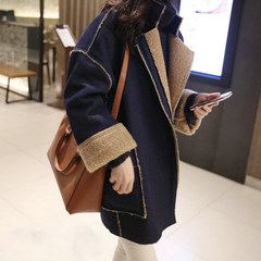 Korean winter lamb fur coat girls long denim cloth coat plus velvet suede coat thick cotton 3XL blue
