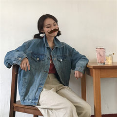 Autumn Korean retro all-match loose jeans slim POLO collar long sleeved denim jacket coat female students F Picture color