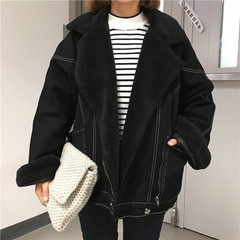 Korean version of the new loose cashmere wool coat with thick lamb female BF cowboy cotton padded jacket winter all-match tide S black