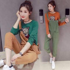 Jeans straps pants two sets, female fashion embroidered T-shirt, autumn new Korean style loose loose conjoined trousers S Free choice package, took a direct note message