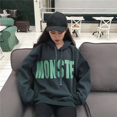 Korean women fall loose hooded coat all-match letters printed thin and thick temperament cashmere hoodies women F Green (regular paragraph)