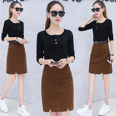 Casual fashion long sleeve dress, female autumn 2017 new style, middle length package, buttocks step skirt, suit skirt two sets The number is limited to 49 yuan Black dress + Caramel skirt