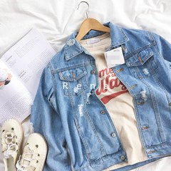 RENA to do with the shopkeeper recommended retro old hole loose thin handsome all-match long sleeved denim jacket female S Picture color