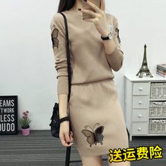 In the autumn of 2017 Korean cultivating code package hip skirt suit knitted sweater set long sleeved fashion two piece 4XL (156-175 Jin) Khaki (ordinary fabric)