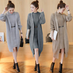 In the autumn of 2017 sets of two sets of knitted fashion female Korean winter long cardigan coat sweater backing skirt F Dark grey