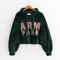 Autumn and winter in Korean printing large letters short jinsirong female hip hop BF loose hooded sweater thick sweater tide F Blackish green