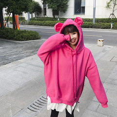 Autumn and winter with thick and long sections of Korean cashmere false two cute bear ear loose Sweater Hoodie female students F Rose red