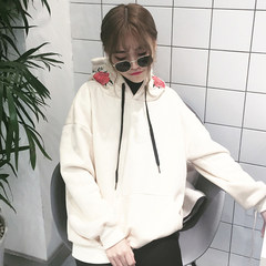 Korean autumn ladies loose hooded roses embroidered cashmere sweater with thick long sleeved jumper students F Khaki