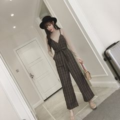 The new version of the Korean version of the fashion SUSPENDERS PANTS, slim suspenders, Siamese pants, two sets of plaid pants pants sets of women tide S Brown (set)