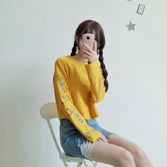 2017 autumn student literary small fresh long sleeved loose sleeve head embroidery short paragraph sweater female T-shirt bottoming coat F yellow