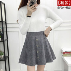 2017 new autumn and winter suit female Korean fashion Mohair loose sweater woolen skirt brown two piece S White sweater + single breasted gray