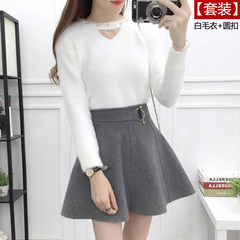 2017 new autumn and winter suit female Korean fashion Mohair loose sweater woolen skirt brown two piece S White sweater + round buckle grey