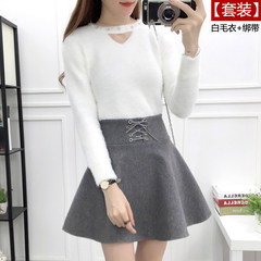 2017 new autumn and winter suit female Korean fashion Mohair loose sweater woolen skirt brown two piece S White sweater + grey bandage