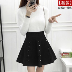 2017 new autumn and winter suit female Korean fashion Mohair loose sweater woolen skirt brown two piece S White sweater + three row Pearl Black