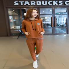2017 spring and autumn new fashion leisure sport suit brocade female Korean large code Hoodie two piece tide S Reddish brown