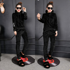 Europe winter sport suit with female Swan velvet velvet casual hooded sweater fashion thickening two piece S black