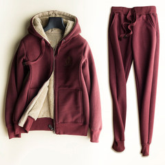 Hoodie Jacket with Fleece Winter women slim casual fashion large size Korean jogging suits 3XL (blouse 4XL pants 3XL) Jujube red