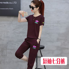 2017 new cotton sportswear set women spring autumn two piece plus cashmere long sleeved big code fashion leisure tide M Short sleeve seven Pants Red Wine