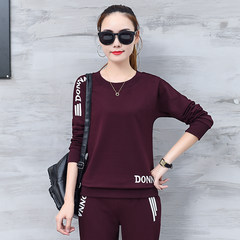 2017 new cotton sportswear set women spring autumn two piece plus cashmere long sleeved big code fashion leisure tide M 5829 wine red
