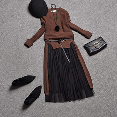 Europe women set 2017 new autumn and winter fashion tide European goods two sets in a long knit dress L (42) 7 days without reason Coffee