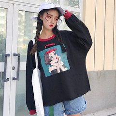 The wind long sleeved turtleneck jacket wind source BF 2017 Han college female students autumn sweater loose thin shirt F 6 Black