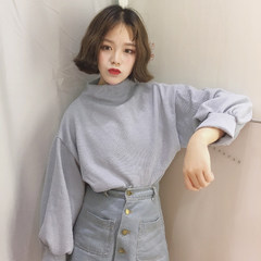 The wind long sleeved turtleneck jacket wind source BF 2017 Han college female students autumn sweater loose thin shirt F 1 gray blue