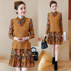 Every autumn and winter special offer women fashion dress set knitted vest two piece sleeved Floral Chiffon Dress fishtail S yellow