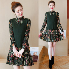 Every autumn and winter special offer women fashion dress set knitted vest two piece sleeved Floral Chiffon Dress fishtail S green