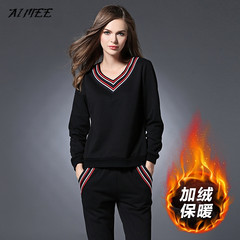 The 2017 winter new fat mm fashion leisure sport sweater cashmere loose with two suits the large size women tide 3XL Black velvet