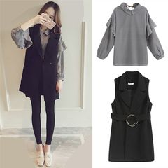 Fat mm autumn Korean large size women slim two piece fat belly sister cover age female fashion western style suit L black