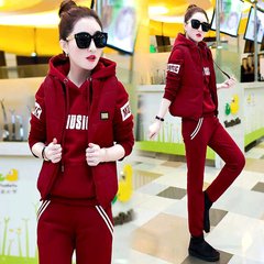 The new sports Hoodie and cashmere three piece female thickened code casual suit female fashion winter 2017 M [85~99] Jujube red