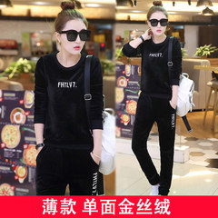 2017 new winter leisure sport suit fashion velvet suit female swan on both sides with cashmere sweater thick tide M Black velvet