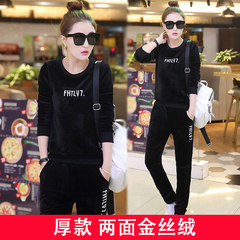 2017 new winter leisure sport suit fashion velvet suit female swan on both sides with cashmere sweater thick tide M Black [double face velvet]