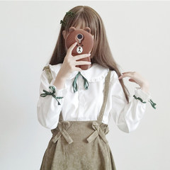2017 autumn outfit new Japanese soft sister long sleeve shirt + show slim straps skirt two sets of students fashion set women F White blouse (one-piece)