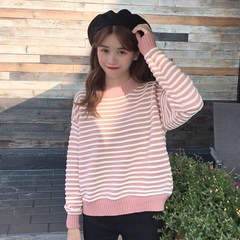 Autumn and winter 2017 new Korean loose all-match long sleeved Pullover Sweater Coat striped sweater short female students F Pink