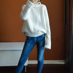 [heavy] new huge benefit thickened 100% pure cashmere turtleneck female Korean loose sweater languid S Milky white